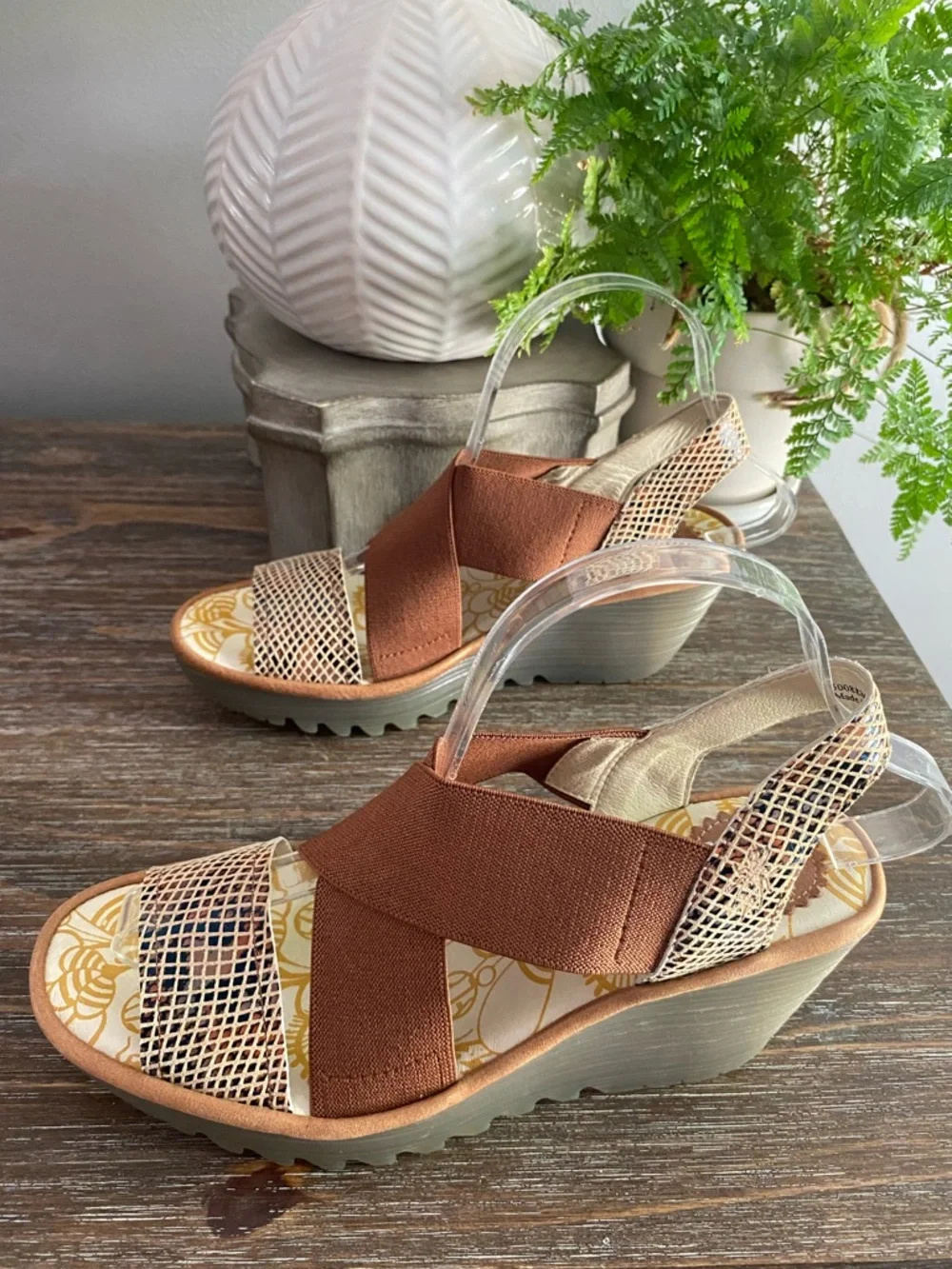 Fly London Yaji Leather‎ Wedge Heeled Platform Sandals Womens 38 7.5-8 Tan Snake